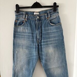 Zara Premium Denim Deconstructed Slanted Waistband Mid Blue Jeans Size US 6 NWOT